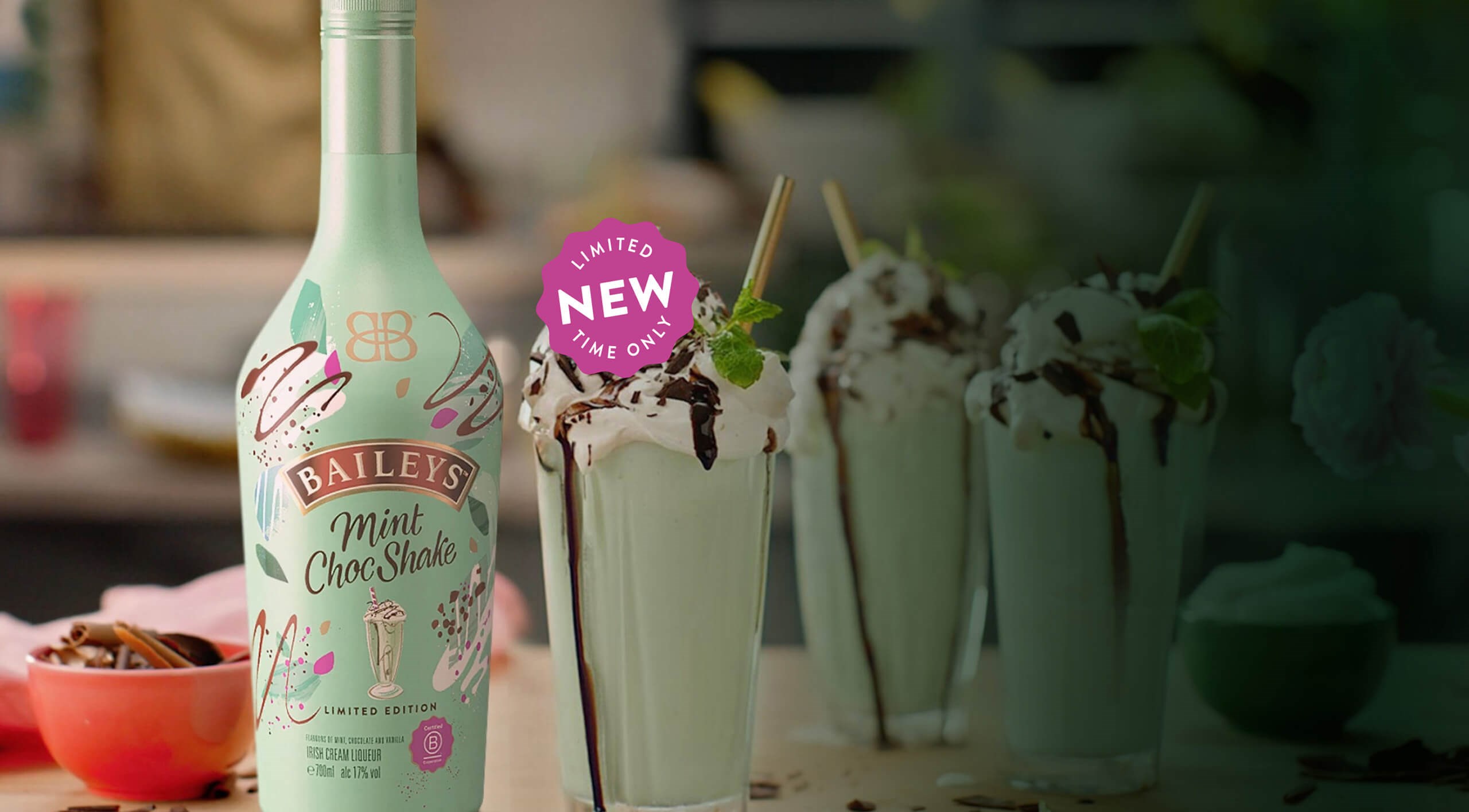 Baileys Mint Chocolate Shake bottle with a few cocktails
