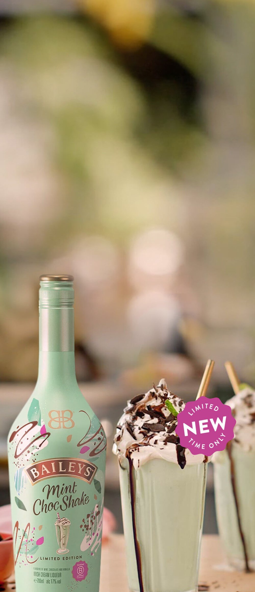 Baileys Mint Chocolate Shake bottle with a few cocktails